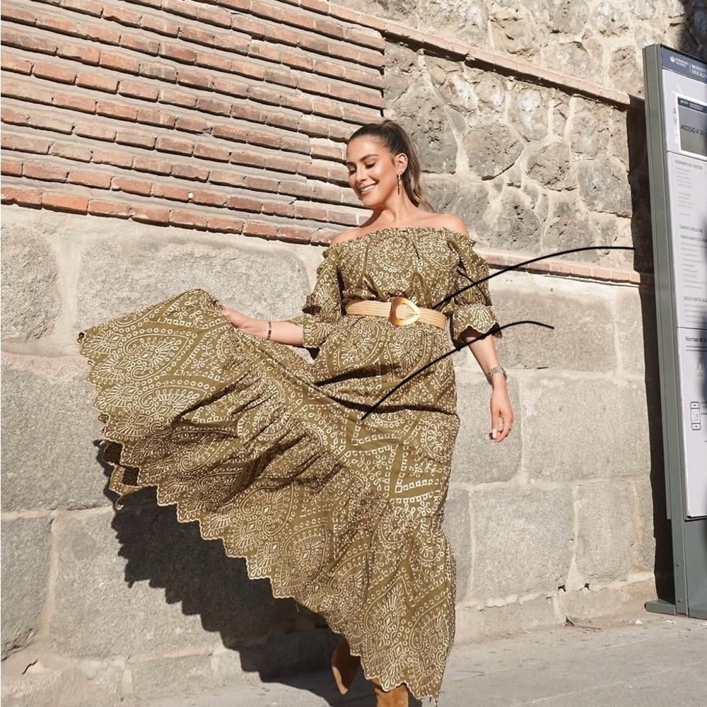 Olive Printed Off-Shoulder Maxi Dress